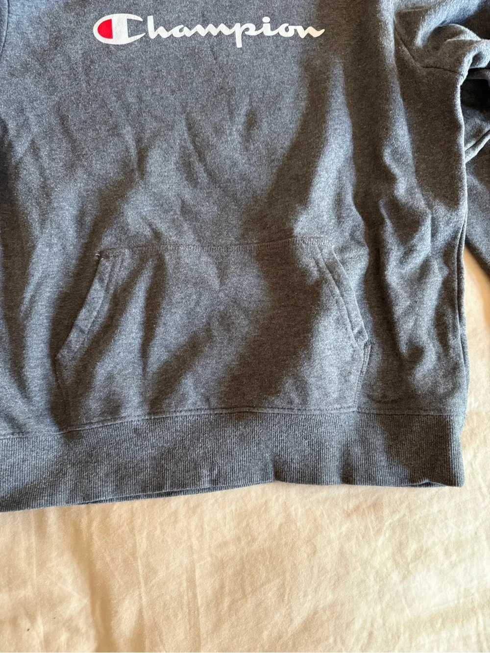 Champion Boys Script Logo Fleece Pullover Hoodie Dark Heather Gray Size L 14/16